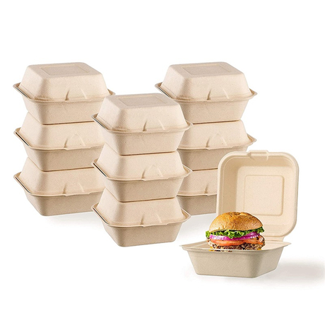 PAMI Sugarcane 100% Biodegradable PFAS-Free 6” Clamshell Food Containers  with Lids [Pack of 50] - Compostable Burger Takeout Containers- Eco Bagasse